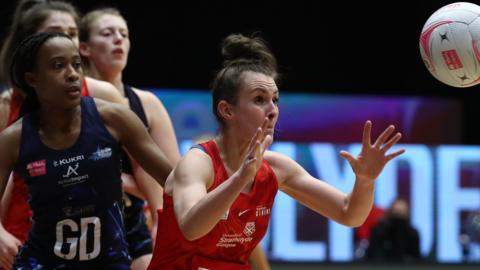 Lynsey Gallagher of Strathclyde Sirens prepares to catch the ball during the Vitality Netball Superleague match between Strathclyde Sirens and Severn Stars