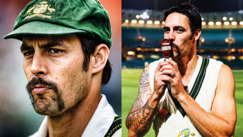 Mitchell Johnson shown looking pensive and, in another image, shown kissing the Ashes urn