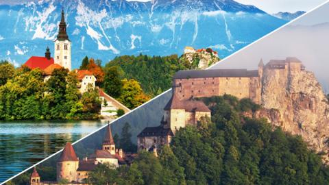 A composite image with a diagonal dividers shows Slovenia's lake Bled and a Slovakian castle