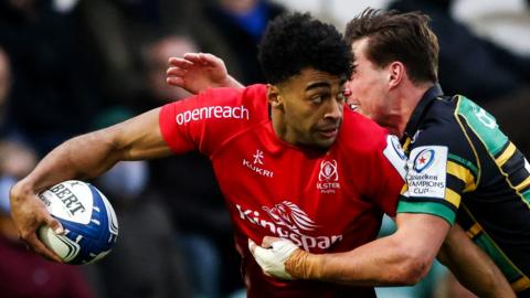 Robert Baloucoune is tackled by a Northampton player