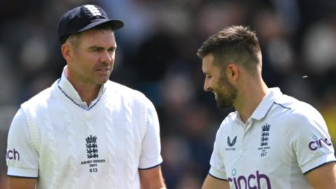 England bowlers James Anderson and Mark Wood during the 2023 Ashes Test at Old Trafford