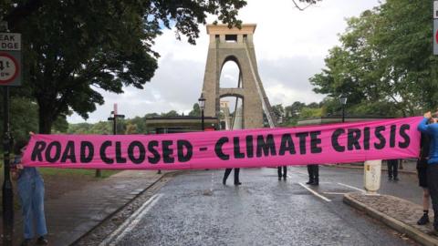 Clifton Suspension Bridge and protesters