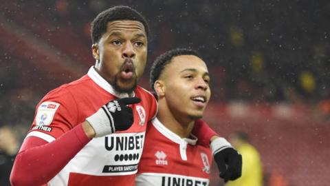 Chuba Akpom celebrates scoring in an eighth successive home game for Middlesbrough