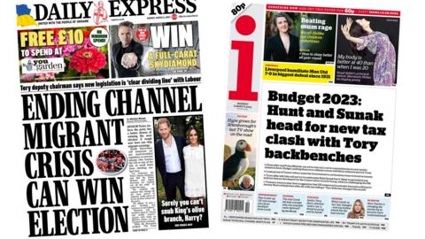 The headline in the Daily Express reads: Ending Channel migrant crisis can win election and the headline in the i reads: Budget 2023: Hunt and Sunak head for new tax clash with Tory backbenches.