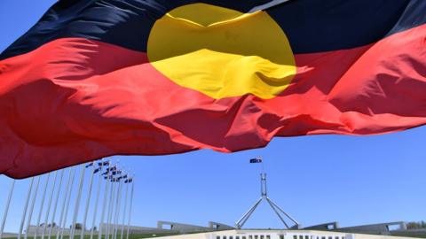 Aboriginal flag in front of Parliament House in Canberra