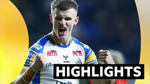 Leeds' Ash Handley celebrates his try against Salford