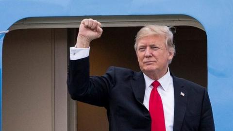 President Donald Trump arrives on Air Force One at the Palm Beach International Airport in West Palm Beach, Florida, on 3 March 2017.