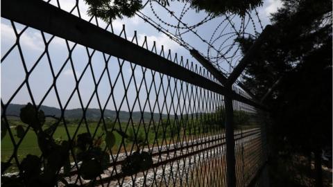 Barbed-wire fence is seen at the Imjingak Pavilion, near the demilitarized zone (DMZ) on June 16, 2020 in Paju, South Korea.