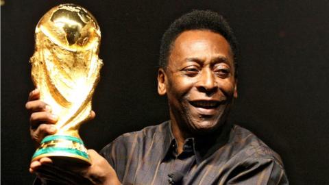 Brazilian football star Pele displays the FIFA World Cup during its presentation in Rio de Janeiro, Brazil on February 6, 2010.