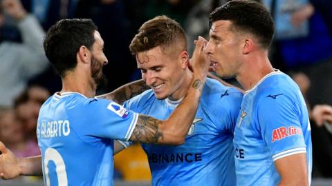 Lazio celebrate Toma Basic's goal in the 2-0 win over Sassuolo