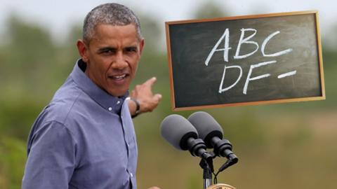 Composite image showing Barack Obama standing next to a blackboard showing letters A to F