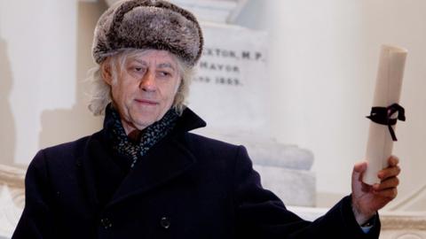 Bob Geldof arrives at City Hall in Dublin to hand back his Freedom of the City of Dublin, in protest against Burmese Nobel peace laureate Aung San Suu Kyi holding the same award.