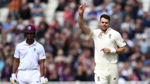 James Anderson celebrates a wicket against West Indies