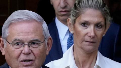 Nadine and Robert Menendez appear outside of a New York court for their arraignment
