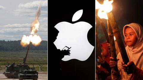 Composite image showing Russian tank fire, Apple logo, Indonesian new year celebrations