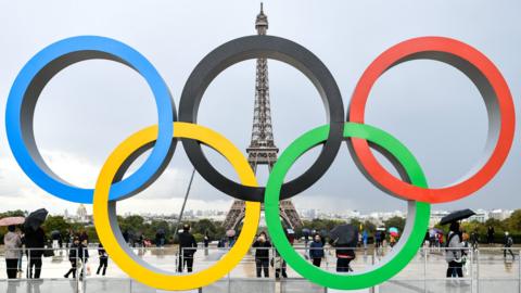 The Olympic rings on the esplanade of Trocadero in front of the Eiffel tower