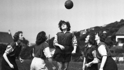 6 September 1954: Members of The Amazons women's football team, training at Combe Martin, Devon