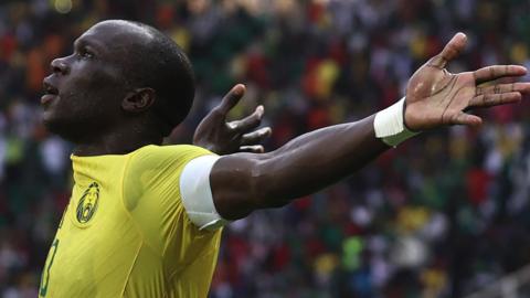 Vincent Aboubakar celebrates his goal against Cape Verde