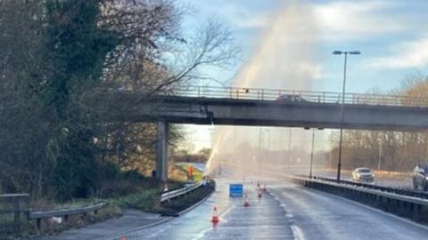 Burst water pipe on the A1 in Nottinghamshire