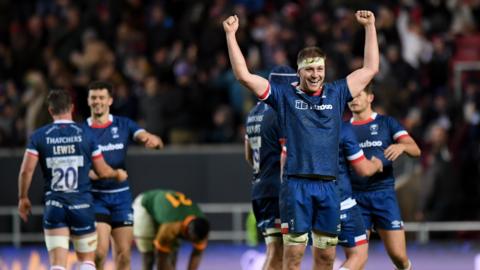 Bristol players celebrate their win over South Africa