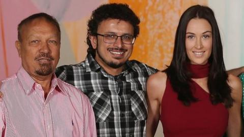 Usman Khawaja (2nd R) poses with Rachel McLellan (C), brother Arsalan Khawaja (2nd L) and other family members at Crown Metropol after the Australian nets session on December 25, 2017 in Melbourne, Australia.