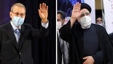 Composite image showing Ali Larijani and Ebrahim Raisi registering their candidacy for the Iranian presidential election in Tehran (15 May 2021)