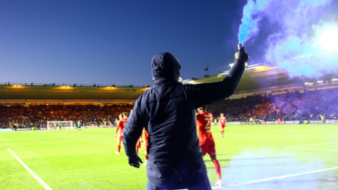 A fan took to the pitch with a blue flare to celebrate Callum Lang's 90th-minute winner at Home Park