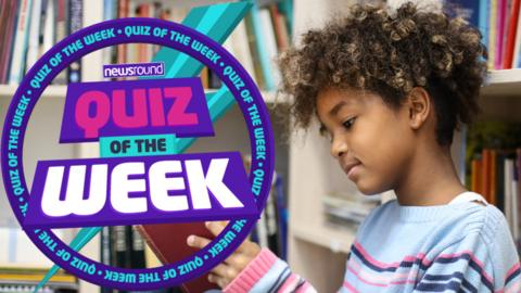 girl reading in a library and quiz logo