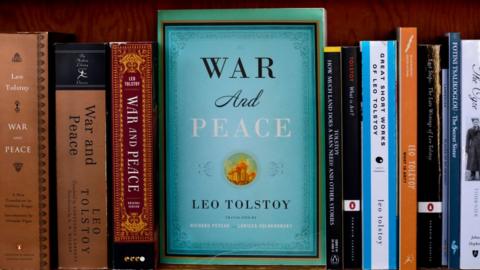 Books by Leo Tolstoy, including 'War and Peace', are among titles featured at City Lights Bookstore in San Francisco, California.
