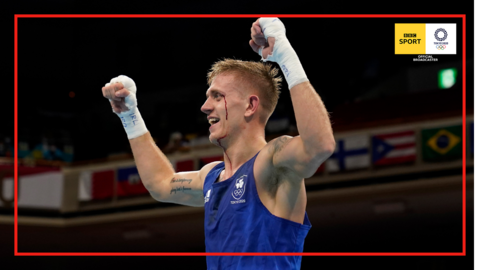 Team Ireland's Kurt Walker celebrates after his last-16 victory over Uzbekistan's world champion Mirazizbek Mirzakhalilov