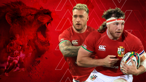 A graphic of a Lion with images of Stuart Hogg and Hamish Watson