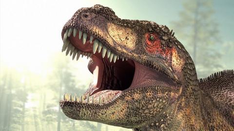 A computer generated image of a T. rex, roaring angrily in a natural landscape
