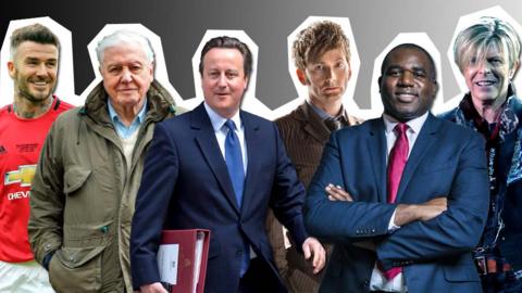 Image of famous Davids, Beckham, Attenborough, Cameron, Tennant, Lammy and Bowie