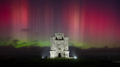 Northern Lights above Paxton's Tower in Carmarthenshire