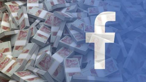 Facebook logo over money