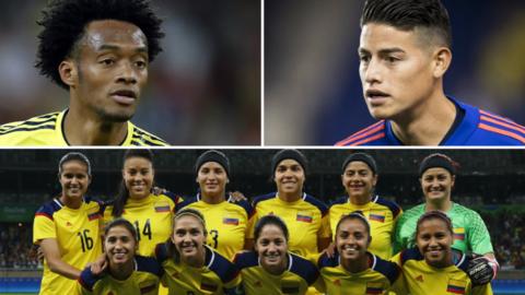 Cuadrado, James Rodriguez (top right) and the Colombia women's team