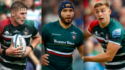 Split image of Leicester Tigers' Freddie Steward, George Martin and Jack van Poortvliet