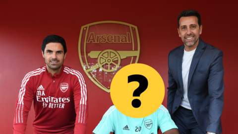 Mikel Arteta poses with one of Arsenal's new signings