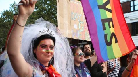 Crowds supporting the Same Sex Marriage Survey party down Oxford St in the heart of Sydney's gay precinct on November 15, 2017 in Sydney, Australia.