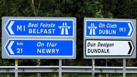 Road signs near the Irish border