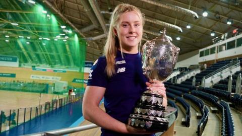 Emma Finucane with the BBC Cymru Wales Sports Personality of the Year trophy