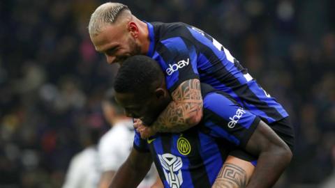 Inter celebrate Marcus Thuram scoring their third goal against Udinese