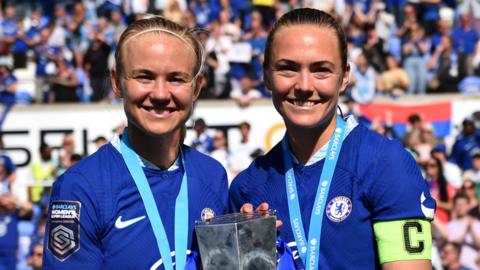 Pernille Harder and Magdalena Eriksson celebrate Chelsea's Women's Super League title win