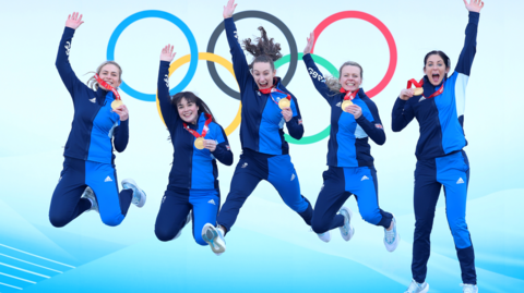 Eve Muirhead and her rink jump for joy after winning Winter Olympic gold