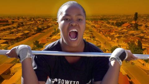 Dimpho Mabuya lifting weights on the background of Soweto