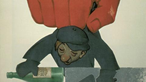 a cartoon poster showing a drunk man being lifted by a large red hand