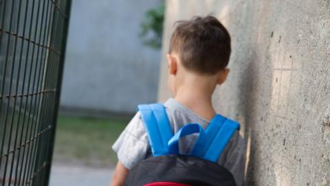 A boy from behind wearing a rucksack