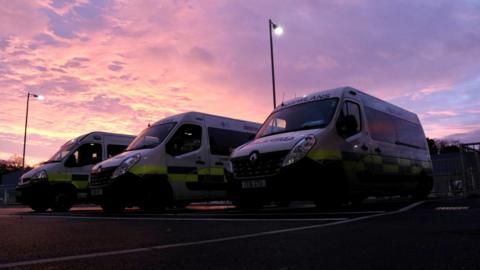 Ambulances outside at the opening of the new Grange Hospital, Cwmbran