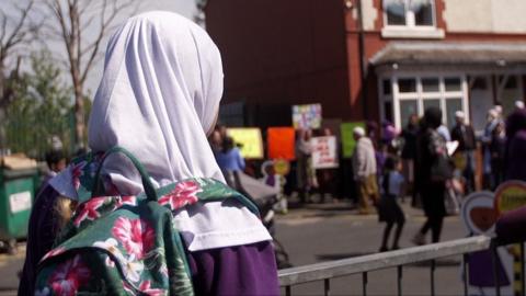 Protesters outside Anderton Park Primary School, Birmingham