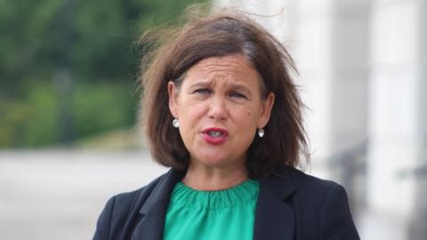 Mary Lou McDonald after her meeting with Sir Jeffrey Donaldson, pictured from her shoulders up